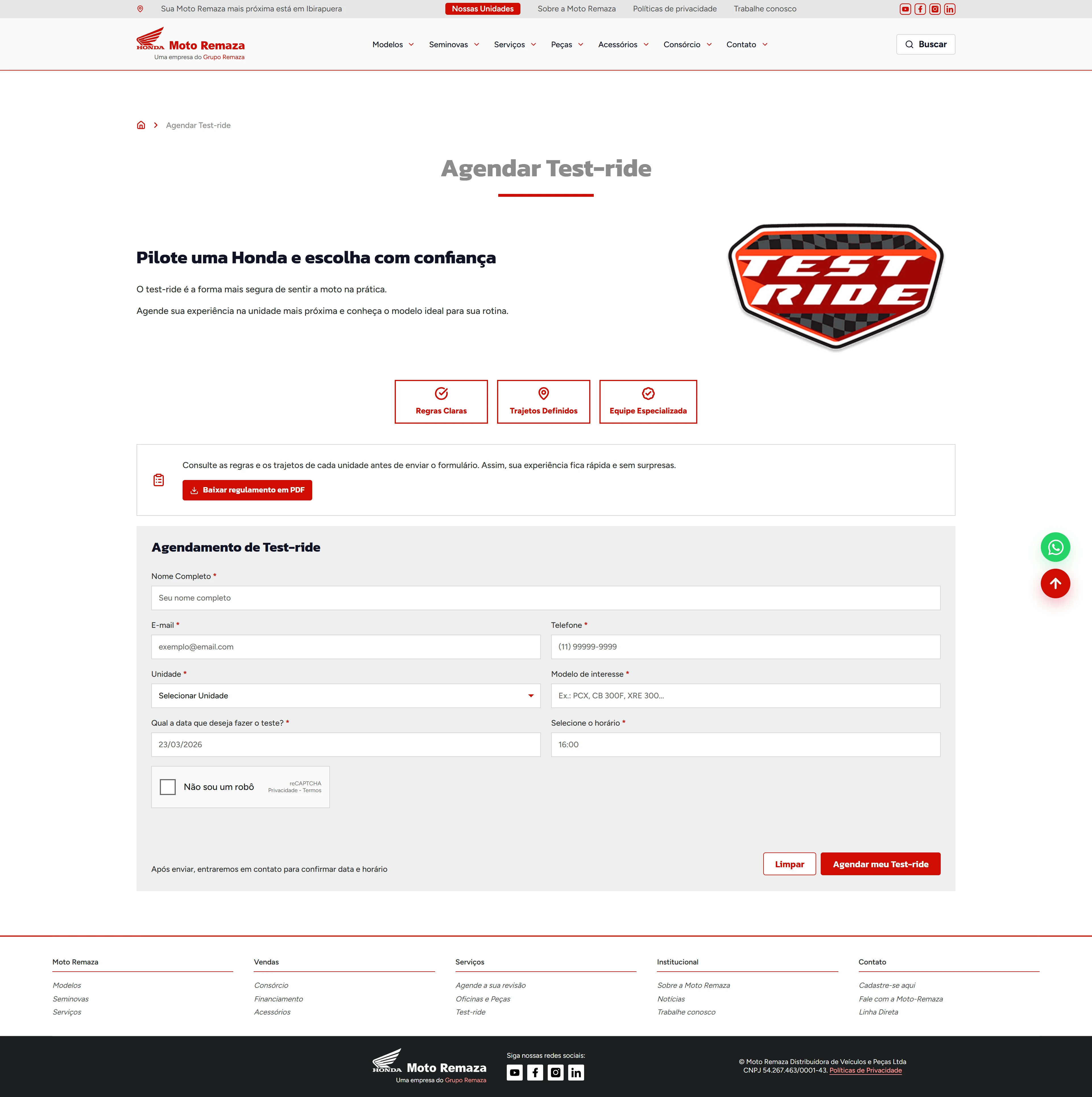 Agendamento de test-ride no site Moto Remaza